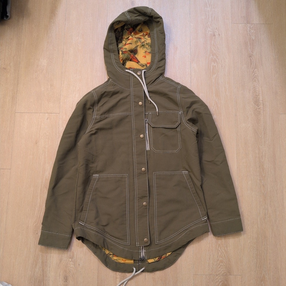 Toad&Co Womens XS Olive Green Hooded Jacket Duck Print Lining Contrast Stitch